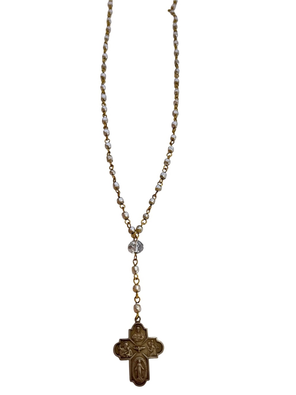 Vintage Beaded Rosary Lariat Religious Cross Necklace